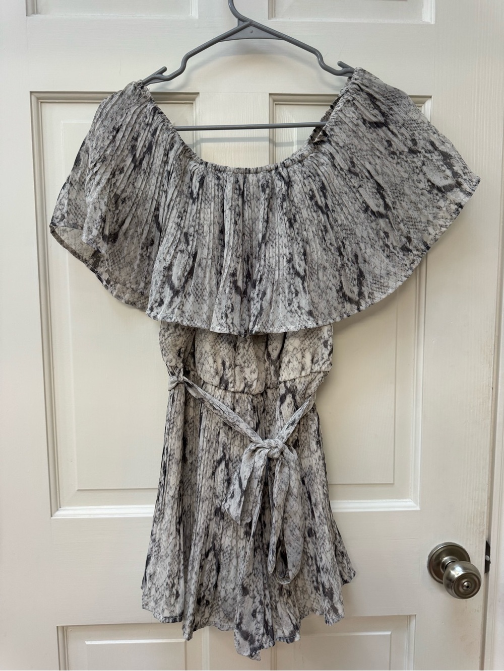 She + Sky Gray Snake Print Off-Shoulder Romper